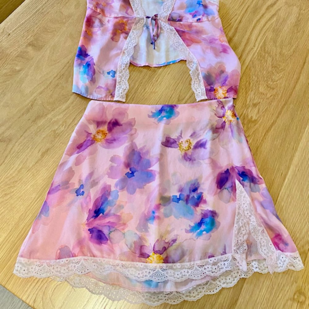 Frankies Bikinis Boden Lace Silk Skirt Pink Watercolor Floral XS